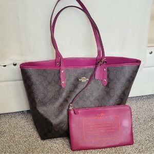 Coach Pink and Brown Tote Bag with Classic Silhouette